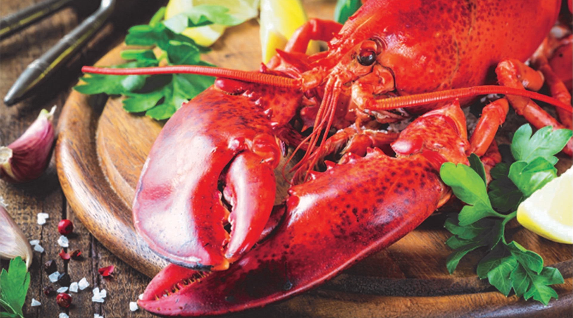 Live-lobsters Fresh lobster displayed on a wooden platter with lemon wedges and herbs.