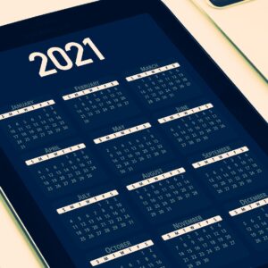 Mobile device with 2021 calendar agenda.