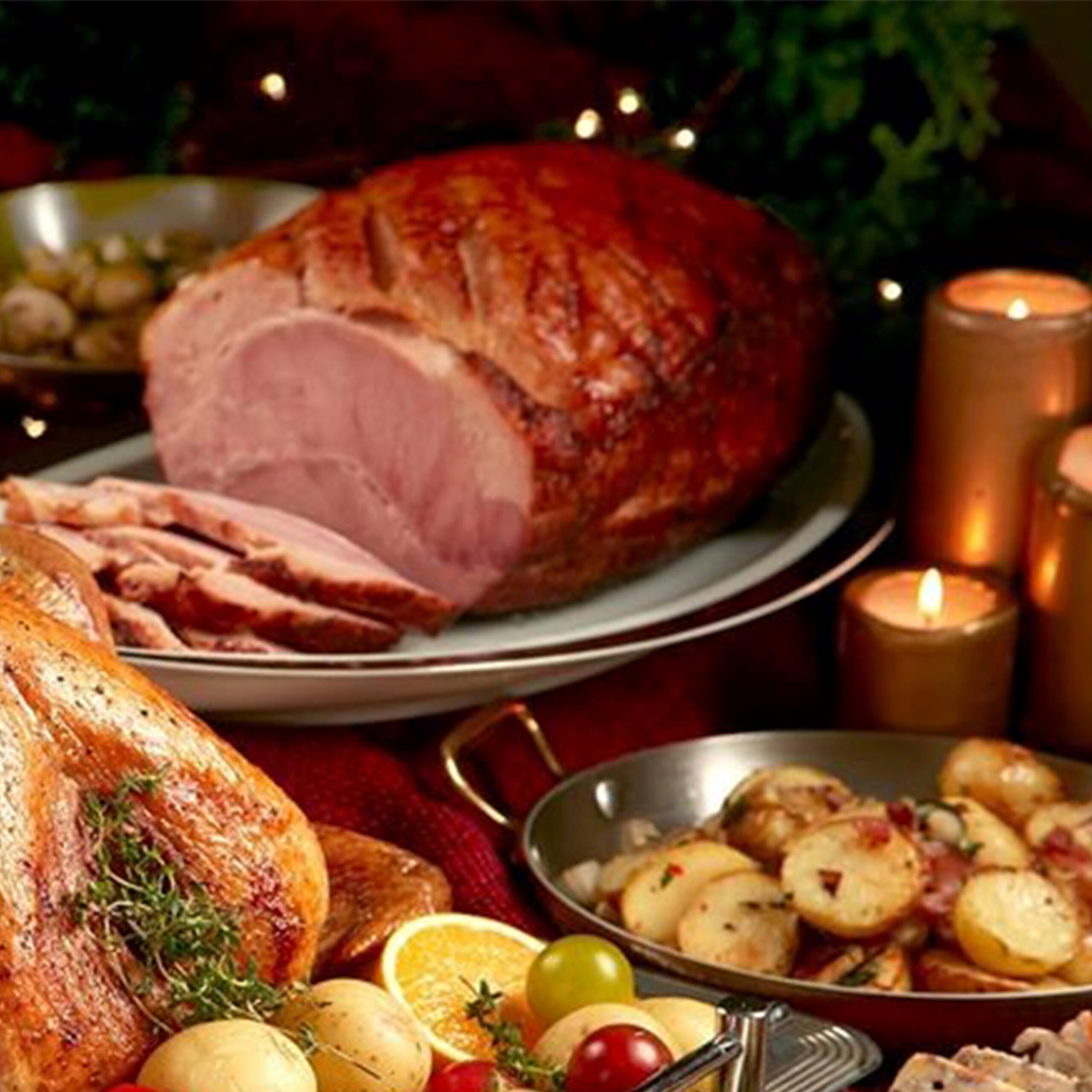 Actual item may vary from image shown Photo of ham dinner served with side dishes.